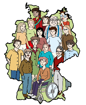 Gruppe unterschiedlicher Menschen vor dem Umriss der Deutschlandkarte